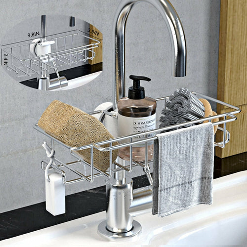 Stainless Steel Faucet Sink Organizer Rack – Adjustable Sponge & Soap Holder