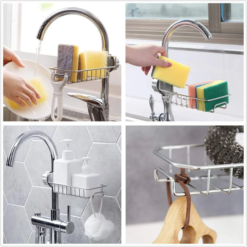 Stainless Steel Faucet Sink Organizer Rack – Adjustable Sponge & Soap Holder
