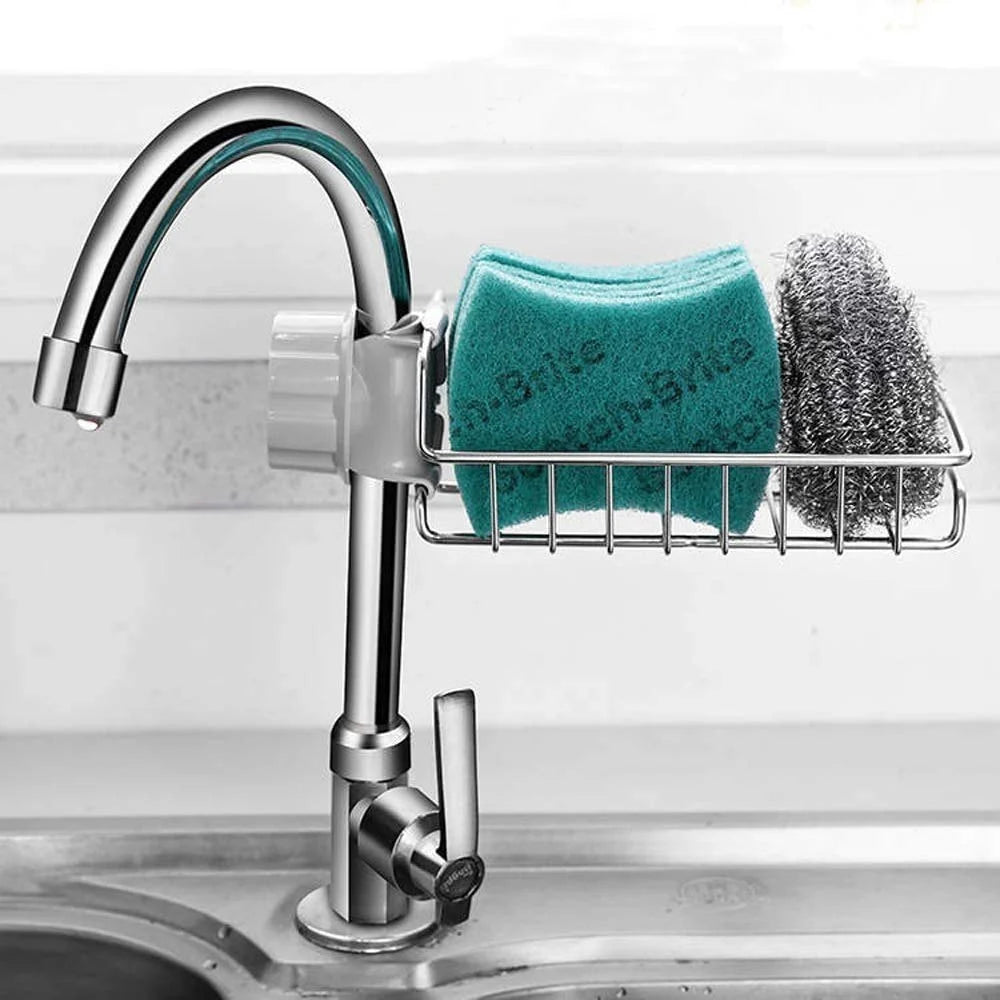 Stainless Steel Faucet Sink Organizer Rack – Adjustable Sponge & Soap Holder